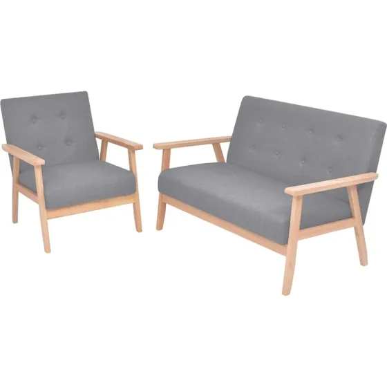 2-dele sofasæt i lysegråt stof – lænestol + 2-personers sofa