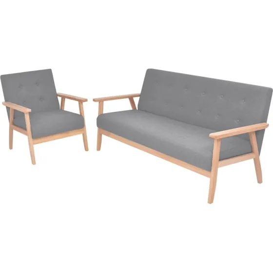 Sofasæt 2 dele i lysegråt stof — 3-personers sofa + lænestol