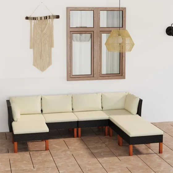 Loungesæt havemøbler 7 dele polyrattan sort med hynder