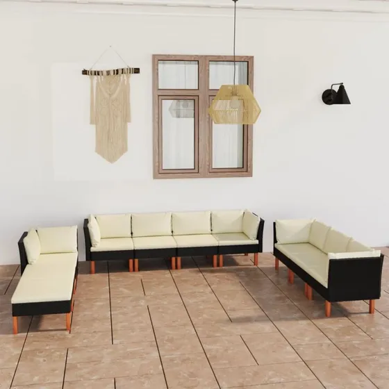 Loungesæt til haven 10 dele i sort polyrattan med hynder