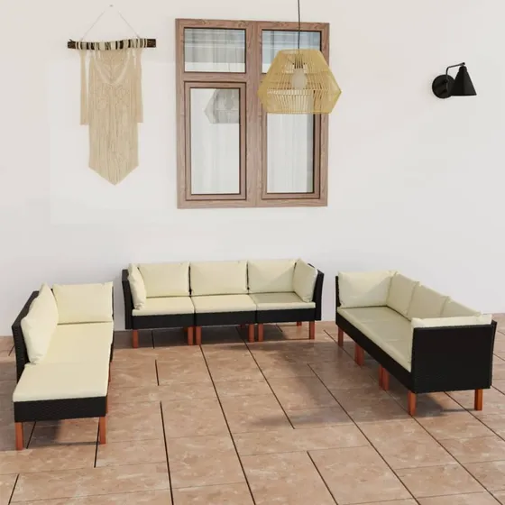 Loungesæt til haven 9 dele i sort polyrattan med hynder