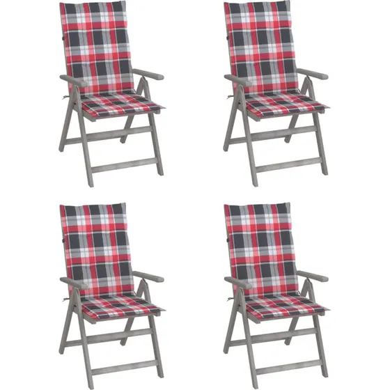 Havestole i massivt akacietr 4 stk. med hynder, grvasket