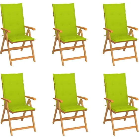 Havestole 6 stk. i massivt teak med lysegrønne hynder