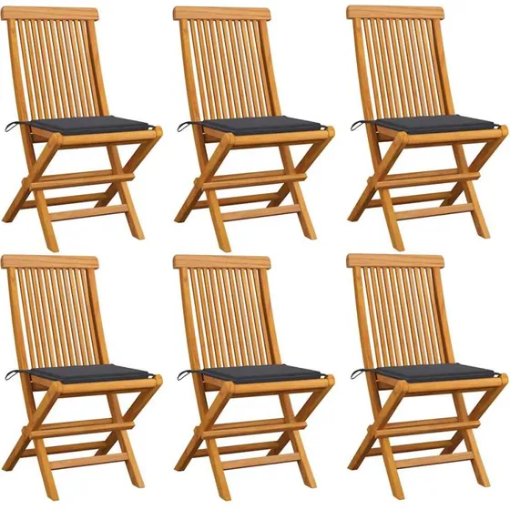 6 stk foldbare havestole i massivt teak med antracit hynder