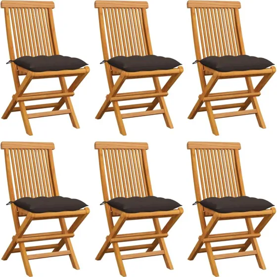 6 stk. foldbare havestole i massivt teak med gråbrune hynder