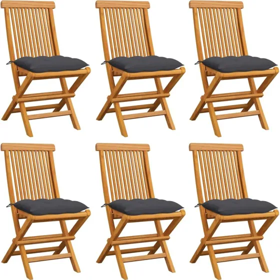 Teak havestole 6 stk. med antracitgrå hynder - foldbare