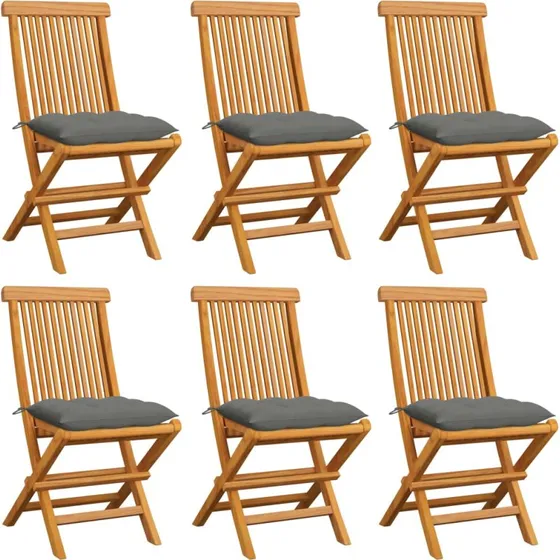 6 stk. foldbare havestole i massivt teak med grå hynder