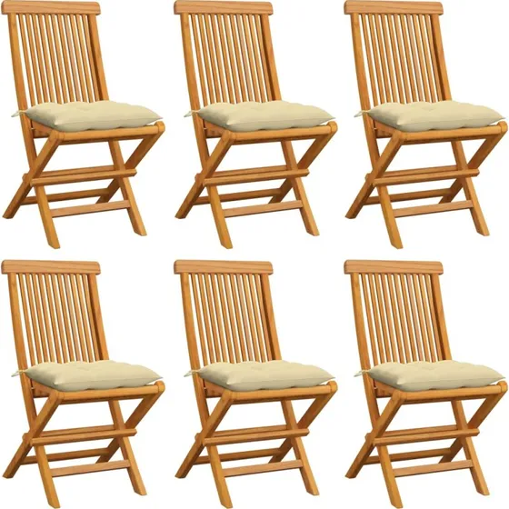 6 stk. foldbare havestole i massivt teak med cremehynder
