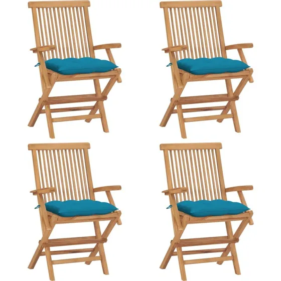 Havestole sæt 4 stk i massivt teak med lyseblå hynder