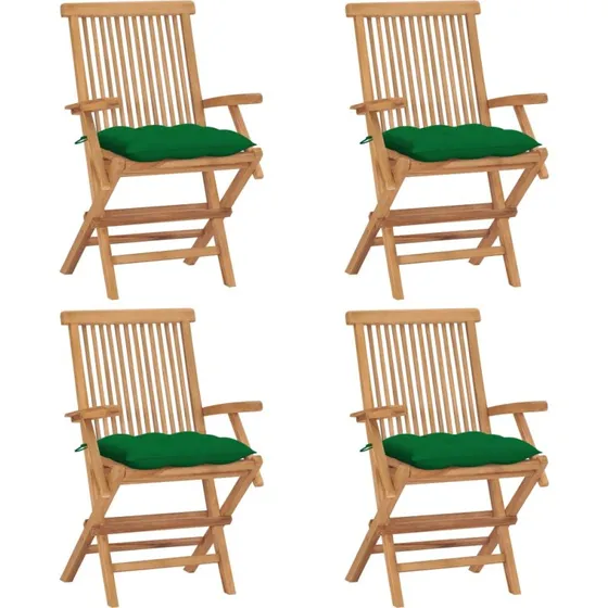Havestole i massivt teak med grønne hynder – 4 stk