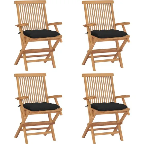 4 havestole i massivt teak med sorte hynder