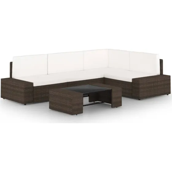 Loungesæt 5 dele i brun polyrattan med hynder