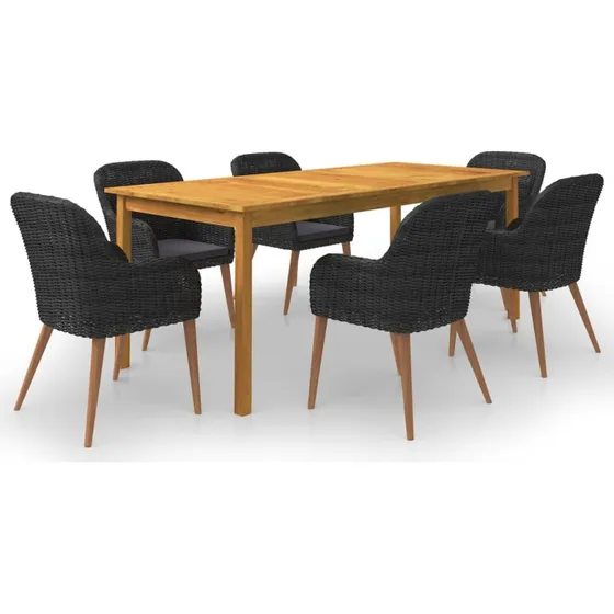 Havemøbelsæt 7 dele i sort – akacietræ & polyrattan
