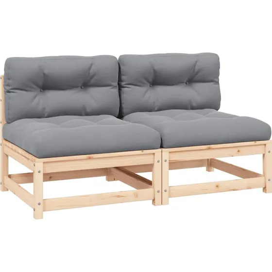Midtermodul til havesofa 2 stk. i massivt fyrretræ med grå hynder