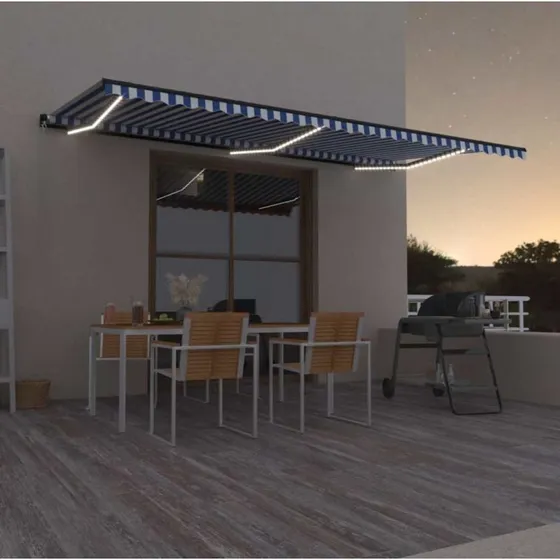 Udtrækkelig markise 600x300 cm m. LED – blå/hvid