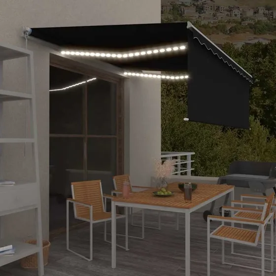 Markise med gardin og LED 4,5x3 m – antracit
