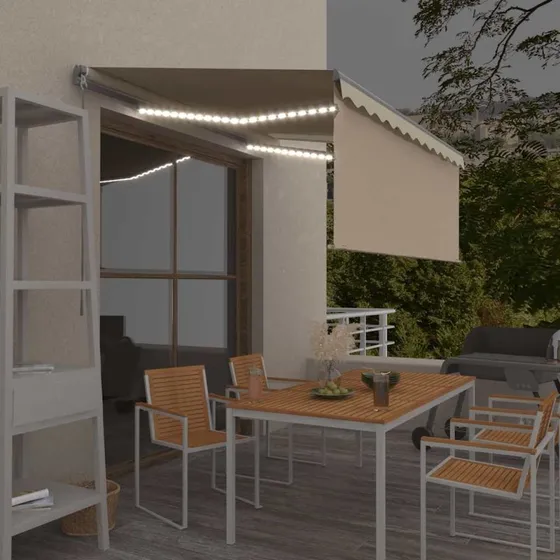 Udtrkkelig markise med gardin & LED 3x2,5 m  creme