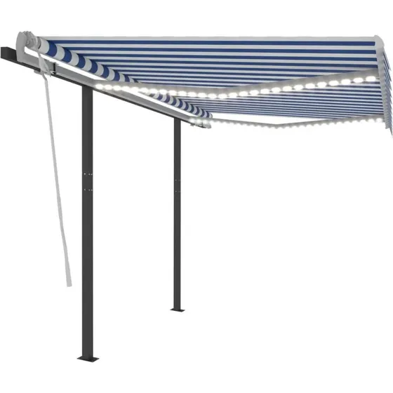 Markise 3×2,5 m med LED - blå/hvid, manuel