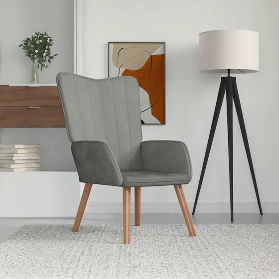 Lænestol i lysegråt fløjl med syninger og stålstel