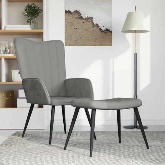 Lænestol med fodskammel i fløjl, lysegrå