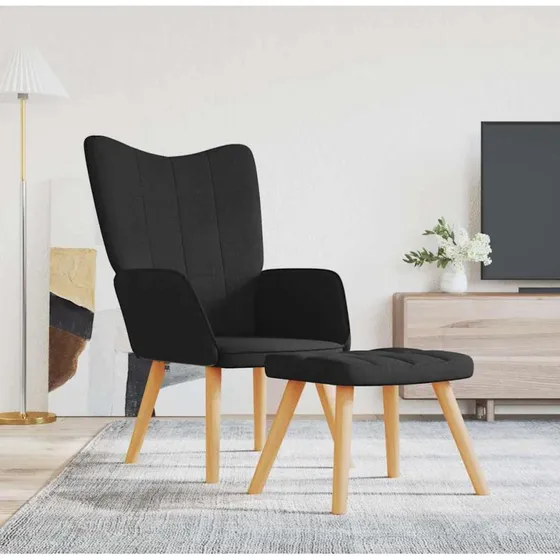 Lænestol med fodskammel i sort stof – moderne komfort