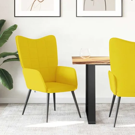 Lænestol i sennepsgul stof med stålstel