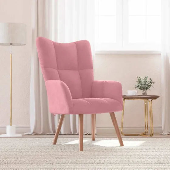 Fløjlslænestol lyserød med blok-syning 61,5x69x95,5 cm