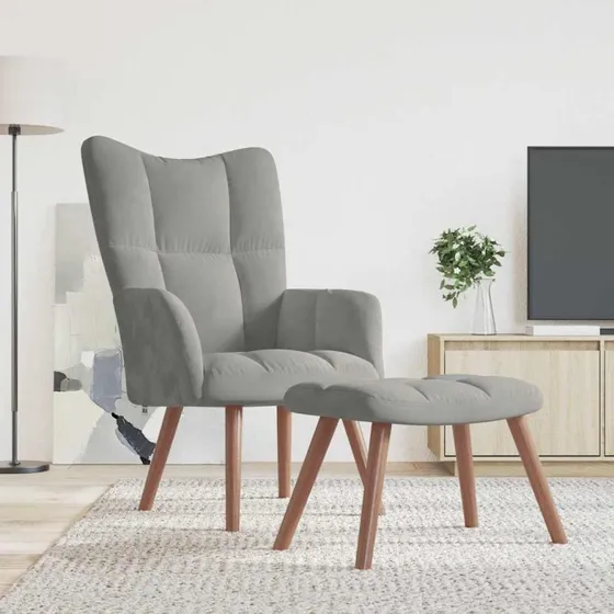 Lænestol med fodskammel i fløjl - lysegrå