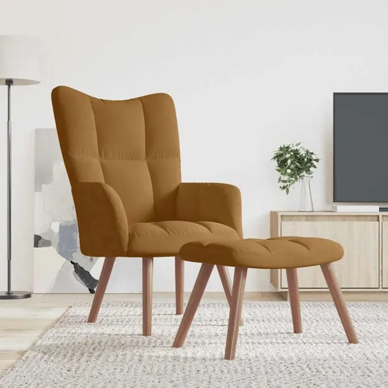 Lænestol med fodskammel i brun fløjl, stål og træ (61,5x69x95,5 cm)