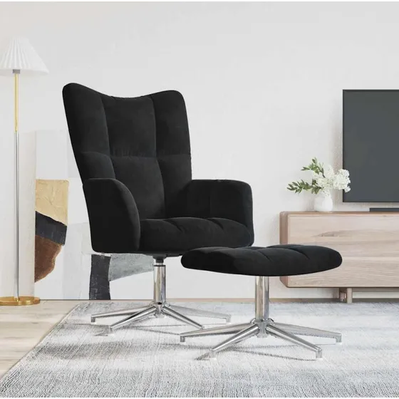 Lænestol med fodskammel i sort fløjl, drejelig 360°