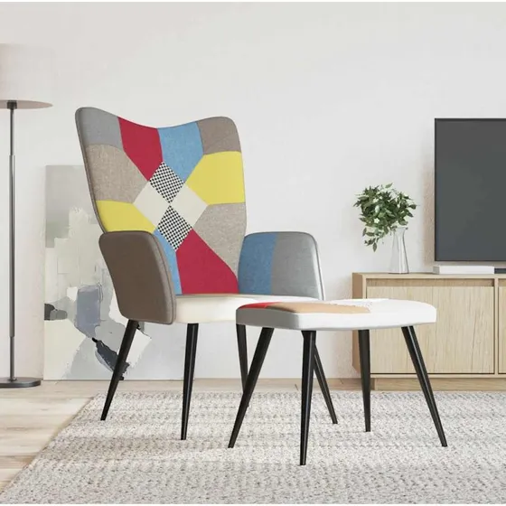 Patchwork lænestol med fodskammel – stof, flerfarvet