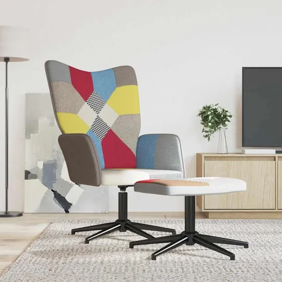 Patchwork lænestol med fodskammel – 360° stof & stål