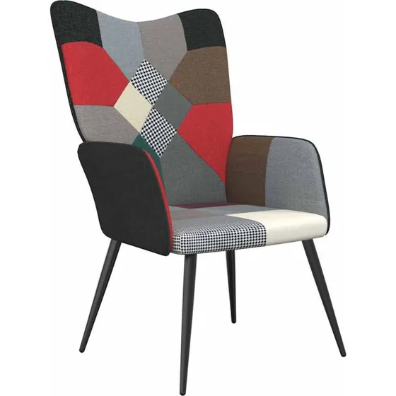 Lænestol i stof med mørkt patchwork-design