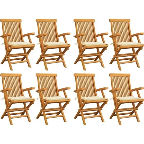 Havestole i massivt teak med creme hynder, 8 stk