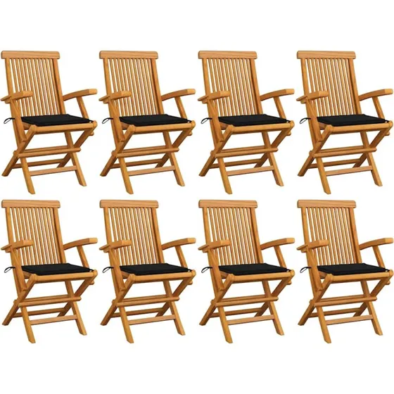 8 stk. havestole i massivt teak med sorte hynder