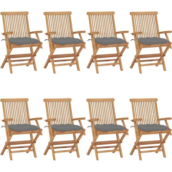 Havestole i massivt teak med grå hynder, 8 stk