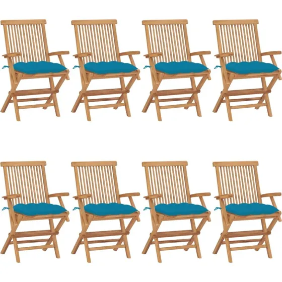 Sæt med 8 havestole i massiv teak med lyseblå hynder