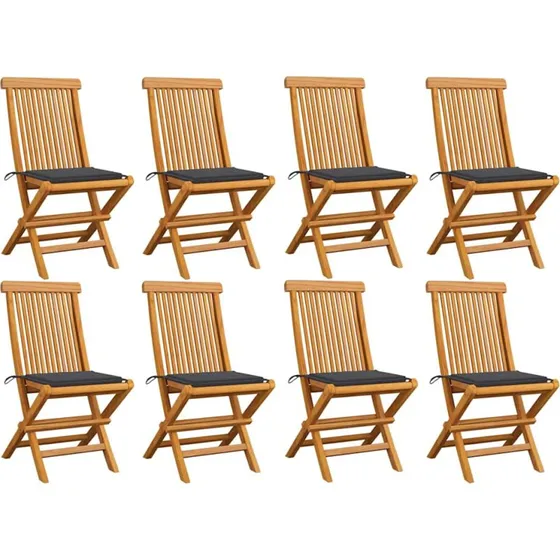 Havestole i massivt teak med antracitgrå hynder, 8 stk.