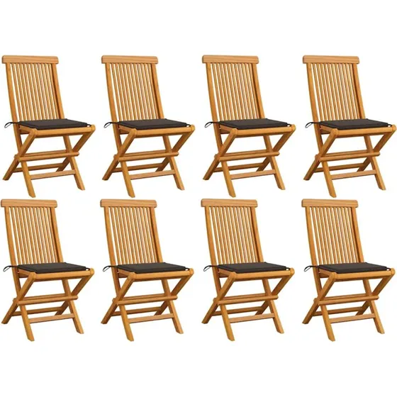 Havestole 8 stk. i massivt teak med gråbrune hynder