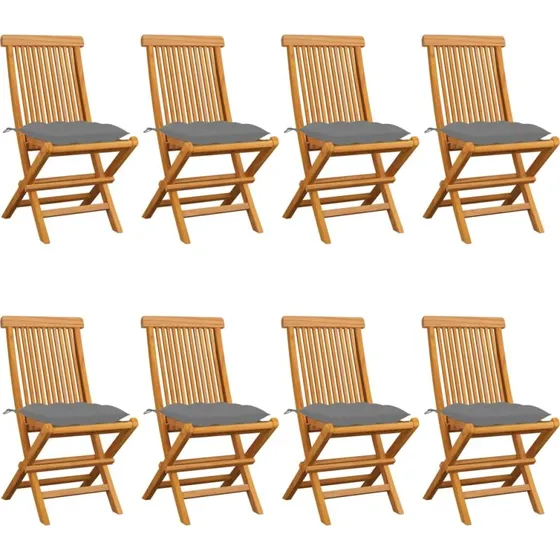 Foldbare havestole i massivt teak med grå hynder, 8 stk