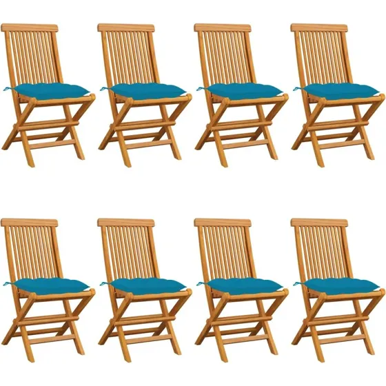 Havestole i massivt teak med lyseblå hynder, 8 stk