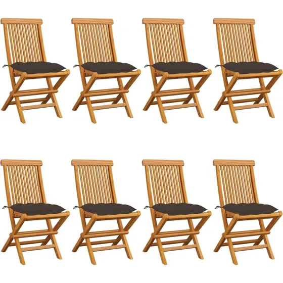 8 stk. foldbare havestole i massivt teak med gråbrune hynder