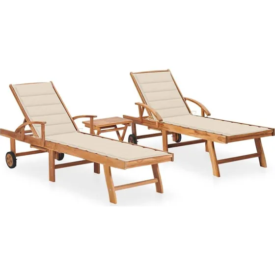 Liggestole i massivt teak 2 stk. med bord & hynder