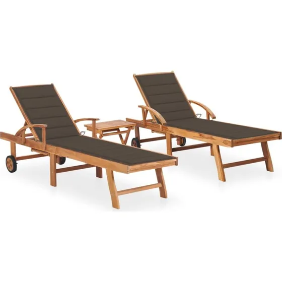 Liggestole i massiv teak 2 stk. med bord & hynde