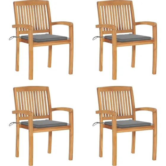 Havestole 4 stk. i massivt teak med hynder (stabelbare)