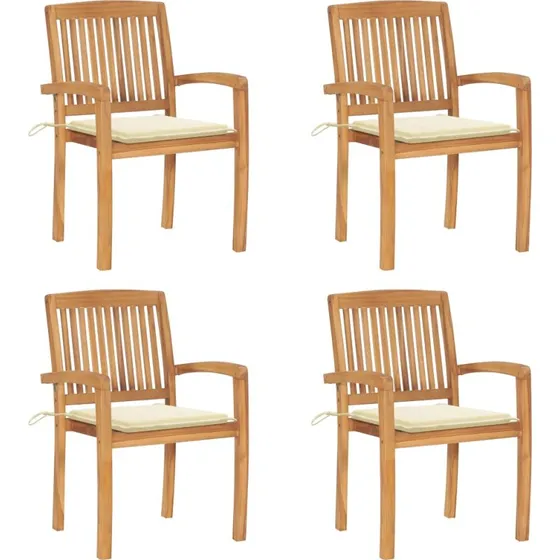 Havestole i massivt teak 4 stk. med hynder (stabelbare)