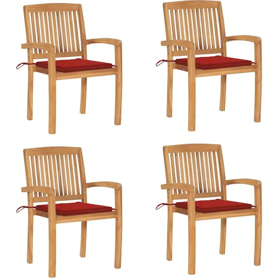 Stabelbare havestole i massivt teak med hynder, 4 stk