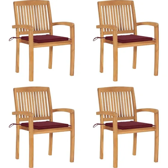 Havestole i massivt teak 4 stk. med hynder – stabelbare