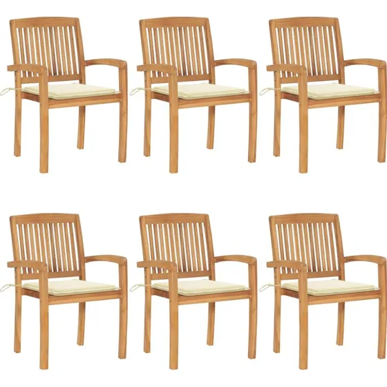 Havestole i massivt teak 6 stk. med hynder - stabelbare