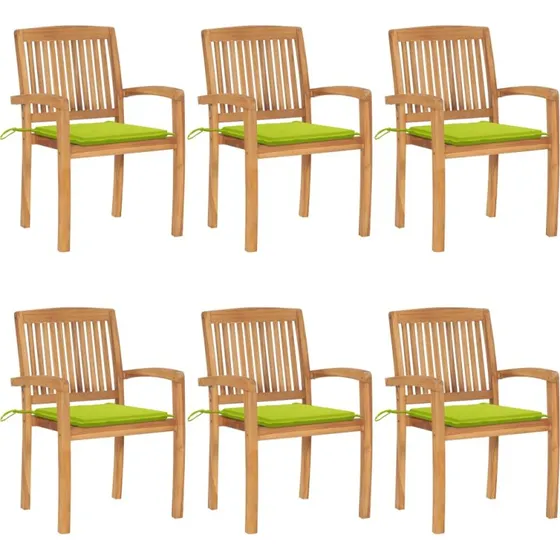 Havestole i massivt teak 6 stk. med hynder - stabelbare